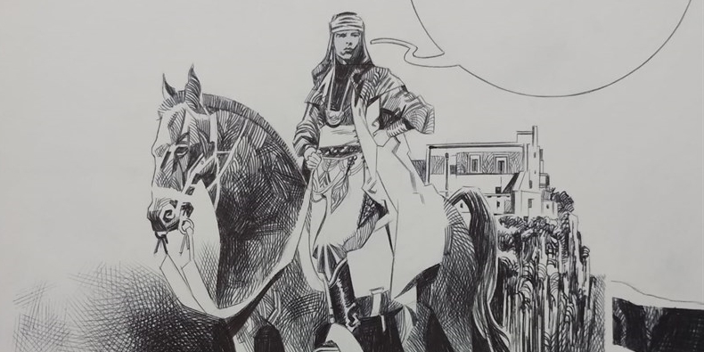 Rodolfo Valentino a cavallo con Castellaneta sullo sfondo