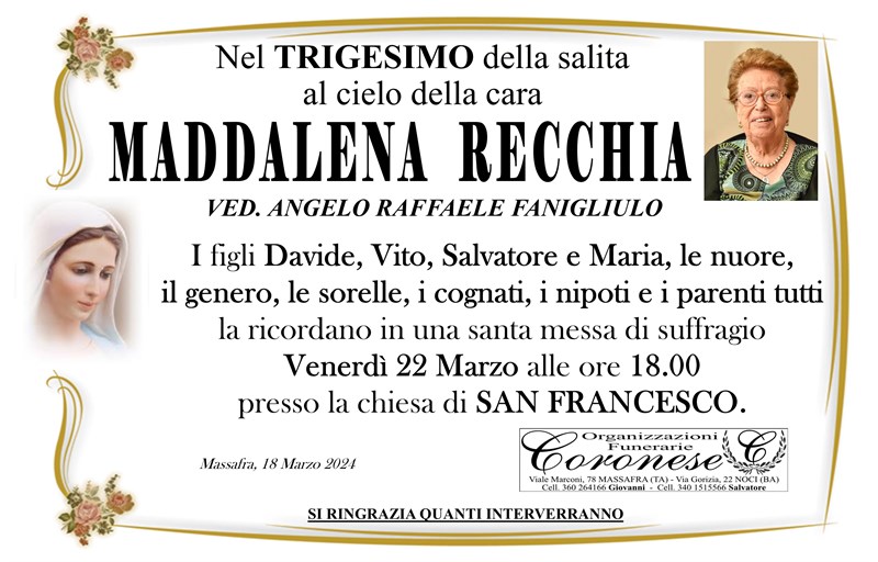 Trigesimo di Maddalena Recchia