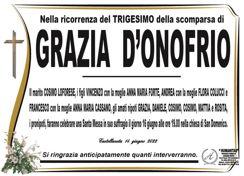 Trigesimo di Grazia D’Onofrio