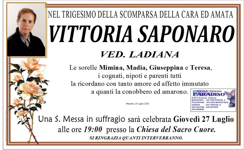 Trigesimo di Vittoria Saponaro