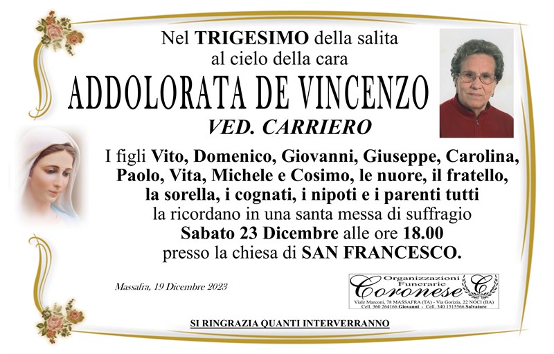 Trigesimo di Addolorata De Vincenzo