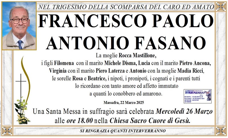 Trigesimo di Francesco Paolo Antonio Fasano