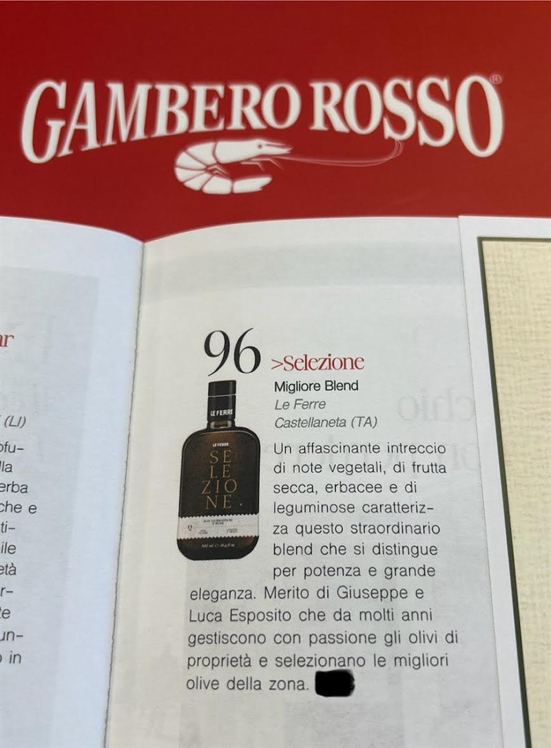 Gambero Rosso: il miglior olio extravergine d'oliva 2024 è "Selezione" di Le Ferre