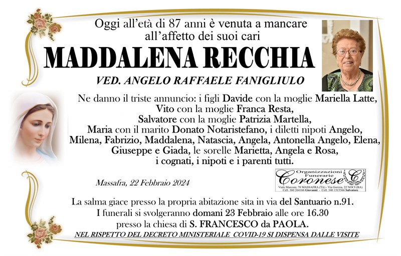 Trigesimo di Maddalena Recchia