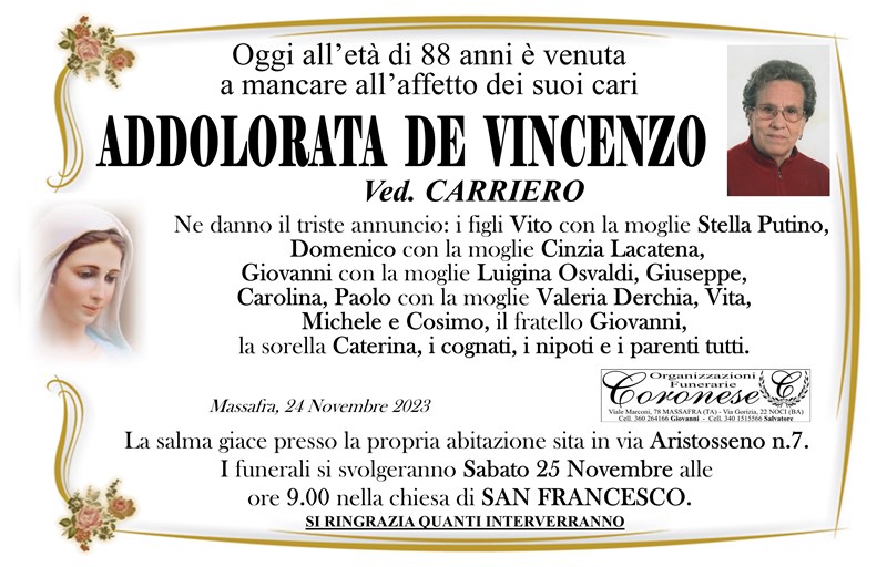 Trigesimo di Addolorata De Vincenzo
