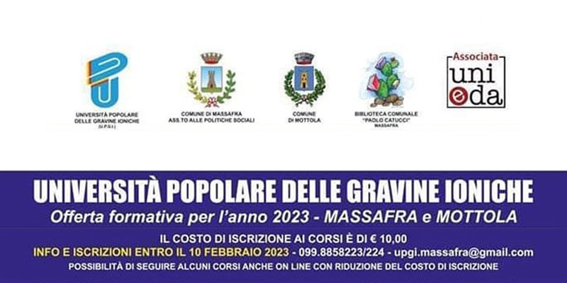 L'Università Popolare delle Gravine Ioniche presenta la nuova offerta formativa
