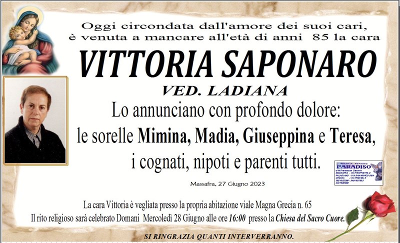 Trigesimo di Vittoria Saponaro