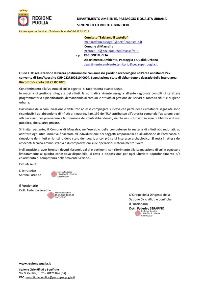 La nota della Regione