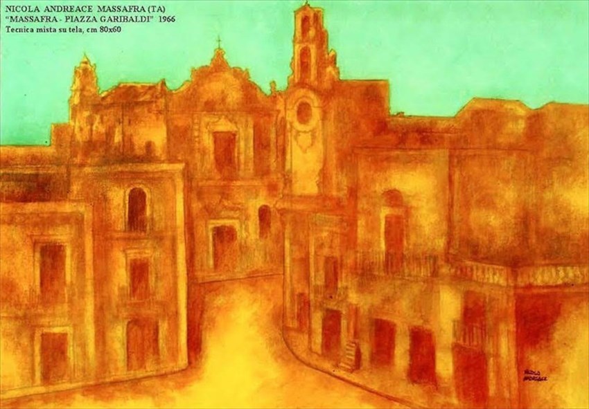 Nicola Andreace “Massafra - Piazza Garibaldi” (1966 – Tecnica mista su tela cm 80x60)