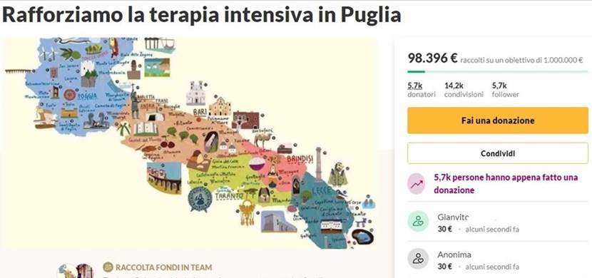 Raccolta fondi per rafforzare la terapia intensiva in Puglia
