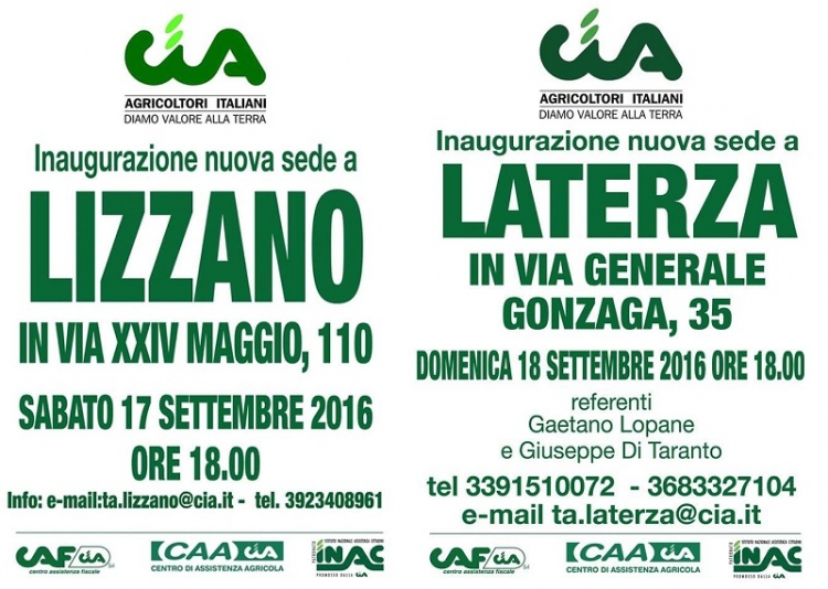LA CIA DI TARANTO INAUGURA DUE NUOVE IN PROVINCIA LA CIA DI TARANTO INAUGURA DUE NUOVE IN PROVINCIA