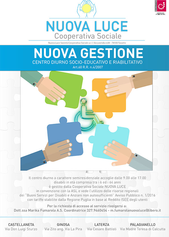 LA NUOVA LUCE INAUGURA QUATTRO CENTRI DIURNI IN PROVINCIA DI TARANTO LA NUOVA LUCE INAUGURA QUATTRO CENTRI DIURNI IN PROVINCIA DI TARANTO