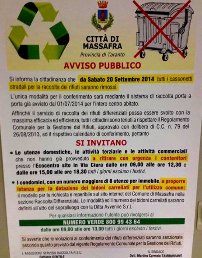 DAL 20 SETTEMBRE A MASSAFRA SPARISCONO TUTTI I CASSONETTI