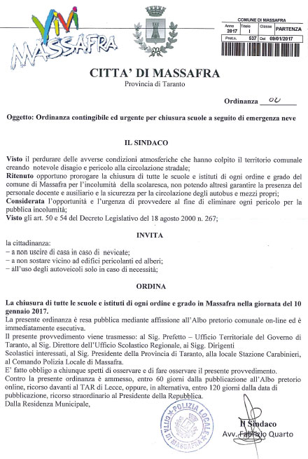 ALLERTA METEO! MARTEDÌ 10 GENNAIO 2017 SCUOLE CHIUSE A MASSAFRA ALLERTA METEO! MARTEDÌ 10 GENNAIO 2017 SCUOLE CHIUSE A MASSAFRA