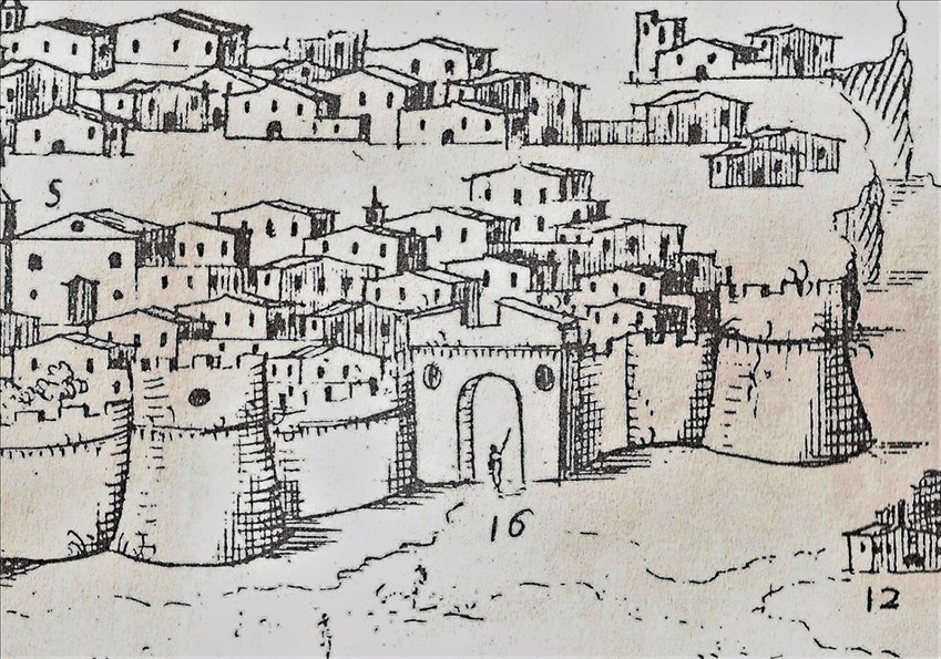 Castellaneta, veduta Pacichelli, Porta Piccola e l'antica muraglia