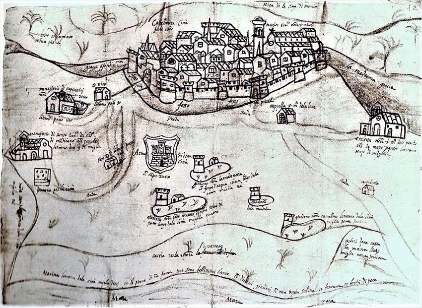Castellaneta, Antica veduta tratta da Carte Rocca (1584 circa)