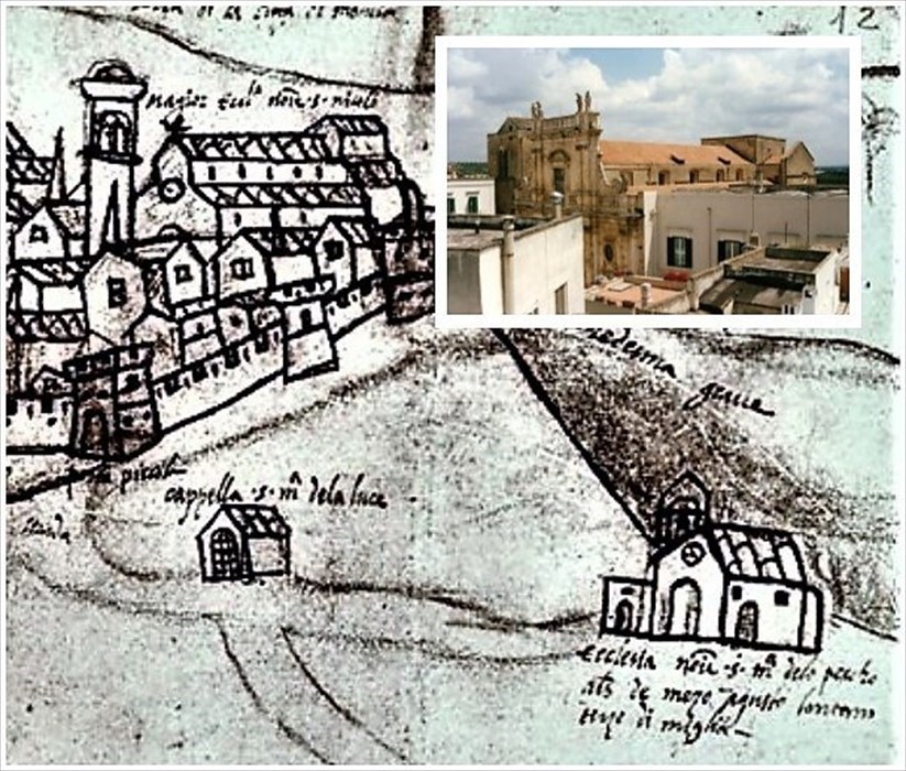 Disegno di Castellaneta. A destra, nella parte alta, la sagoma della cattedrale e come appare oggi dalla stessa prospettiva