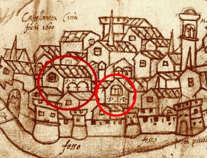 Antica veduta di Castellaneta (carte Rocca 1584), particolare con le due chiese (SMM e SM)