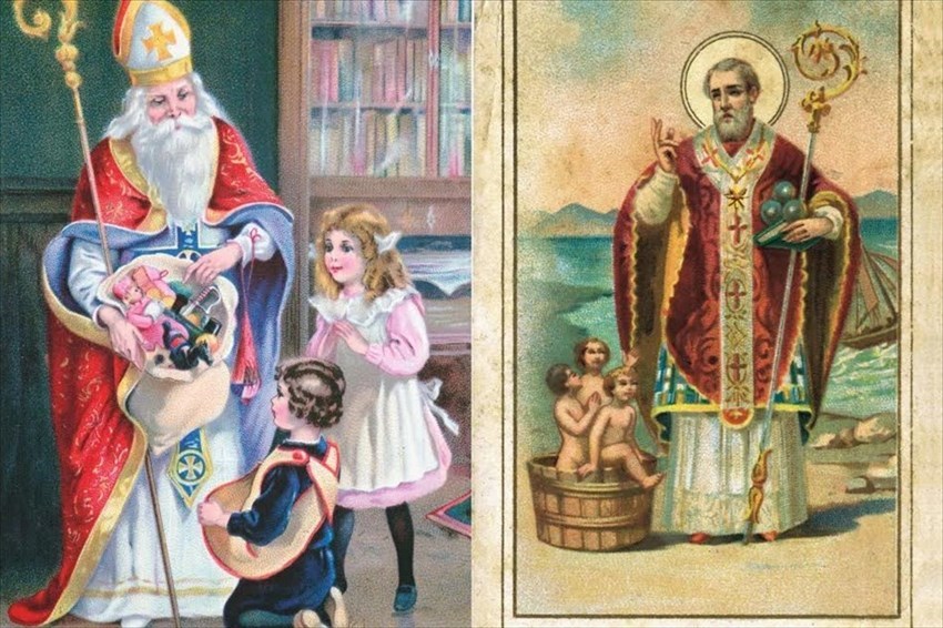 A sinistra San Nicola porta i regali di Natale in una cartolina tedesca del 1939. A destra un'immaginetta del santo con i tre bambini salvati dal perfido macellaio che li offriva
