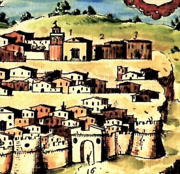 Castellaneta nella veduta Pacichelli. La porzione più orientale del paese da porta Piccola (in basso, 16) al palazzo Baronale (in alto, 3) dove era il monastero